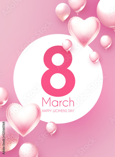 8 march, international women s day poster template with 3D pink fiol balloons. photo