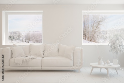 Mock up of stylish room in white color with sofa and winter landscape in window. Scandinavian interior design. 3D illustration © AntonSh