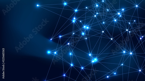 Abstract digital network connection structure on blue background. Artificial intelligence and engineering technology concept. Global network Big Data, Lines plexus, minimal array. Vector illustration.