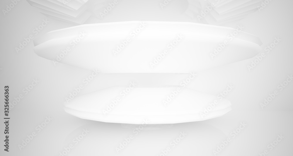 Abstract architectural background, white interior with discs. 3D illustration and rendering.