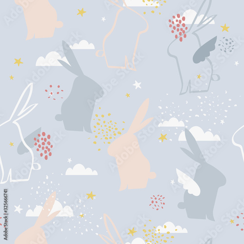 Bunnies  clouds hand drawn backdrop. Colorful seamless pattern with animals. Decorative cute wallpaper  good for printing. Overlapping background vector. Design illustration  rabbits