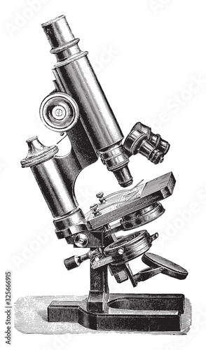 Old microscope / vintage illustration from Brockhaus Konversations-Lexikon 1908