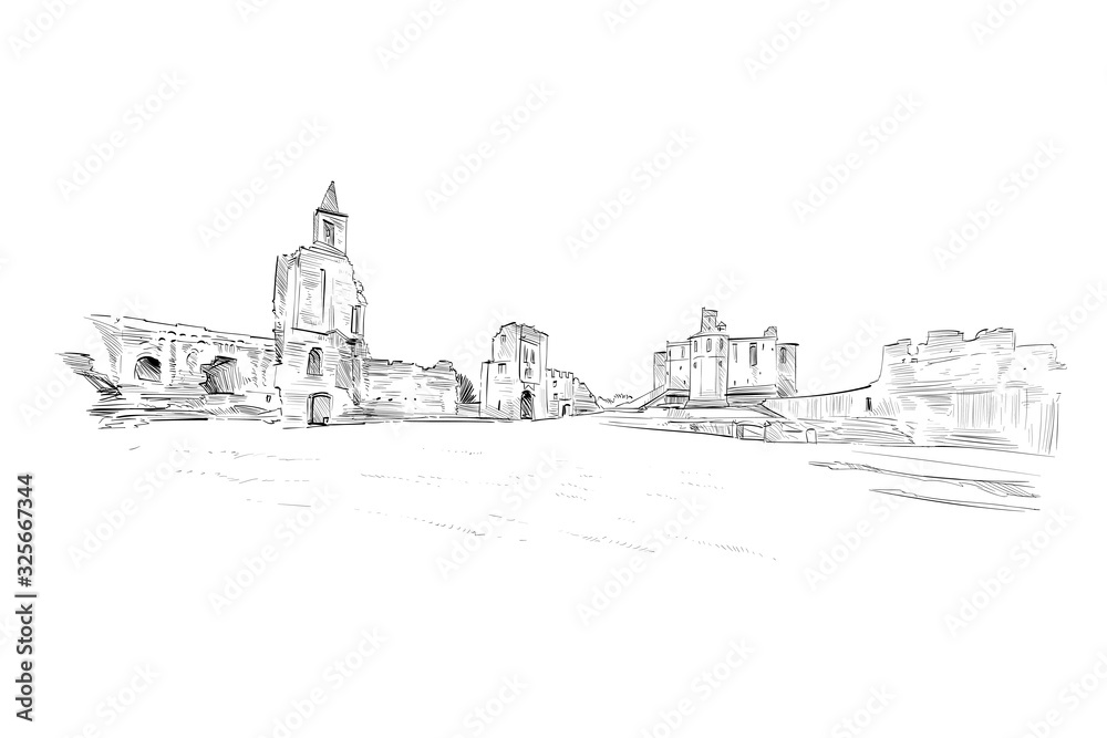 Warkworth Castle. Great Britain. Euorope. Hand drawn sketch. Vector illustration.