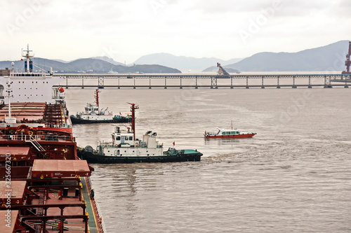 Cargo terminal for unloading grain cargo by shore cranes. Port Zhoushan, China. November, 2019. photo