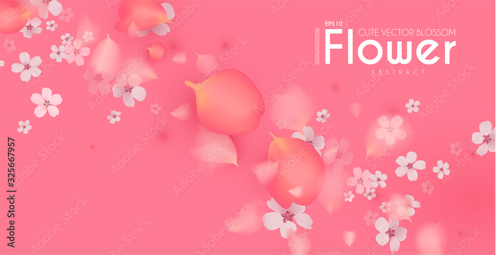 Flowes and Petals. Realistic 3D background. Pink cherry blossom design. Spring time.