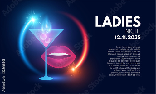 Ladies Night party poster template. Bar menu shining design.