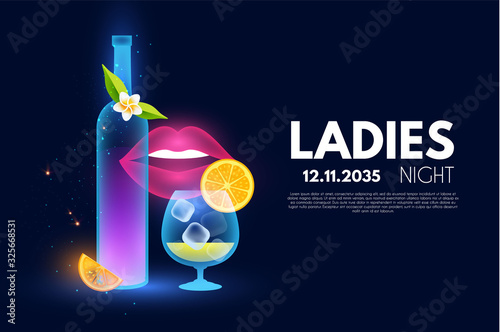 Ladies Night party poster template. Bar menu shining design.