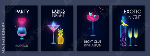 Cocktail party poster template set. Cool bar menu. Neon shining flyer design.