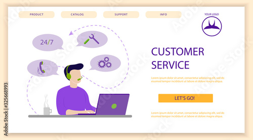 Clients Support, Helpline for Customers, Online Technical Assistance Flat Vector Concept. Call Center Operators in Headset, Sitting at Desk, Communicating, Messaging. Banner, landing, template