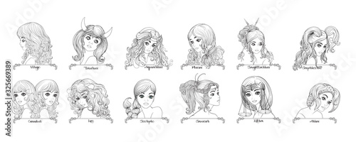 All twelve zodiac collection signs like beautiful girls, outline vector illustration. Clip art, elements for design.
