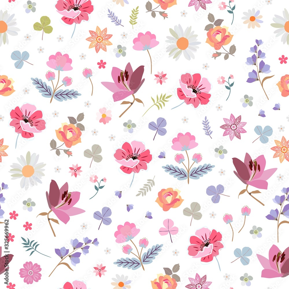 Lovely ditsy floral pattern with different beautiful flowers on white background. Seamless design for fabric, wrapping paper, wallpaper.