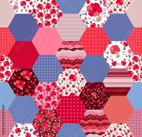 Seamless patchwork pattern from hexagonal patches in blue and red tones. Beautiful quilt design with floral ornaments, polka dot, stripes and jeans.