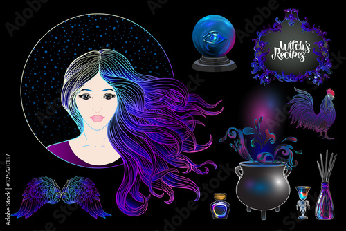 Young woman witch with cauldron, magician plants and animals Clip art, set of elements for witchcraft design. Colored vector illustration..