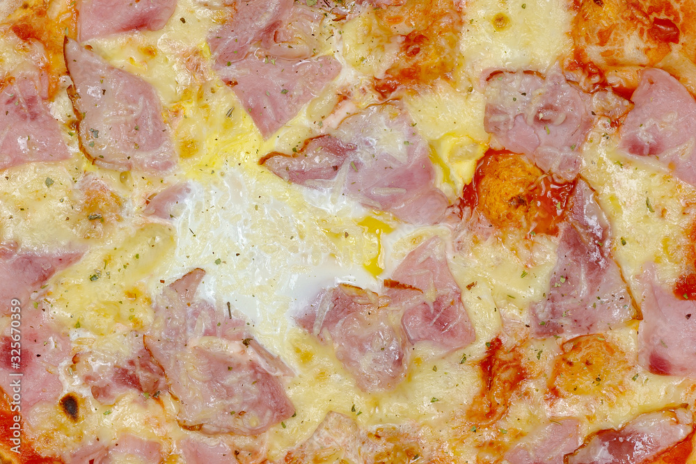 Pizza carbonara with bacon, cheese, egg and tomato sauce. Texture Pizza carbonara with bacon, cheese, egg and tomato sauce. Texture