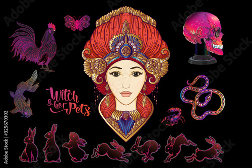 Young woman witch with her mystical pets and human skull. Clip art, Set of elements for design. Colored vector illustration.