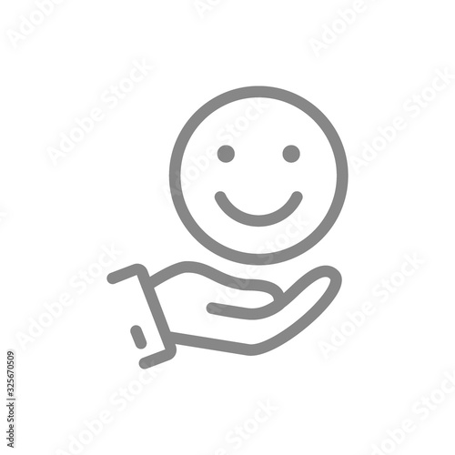 Hand holds happy emoji, good mood line icon. Share positive emotions symbol