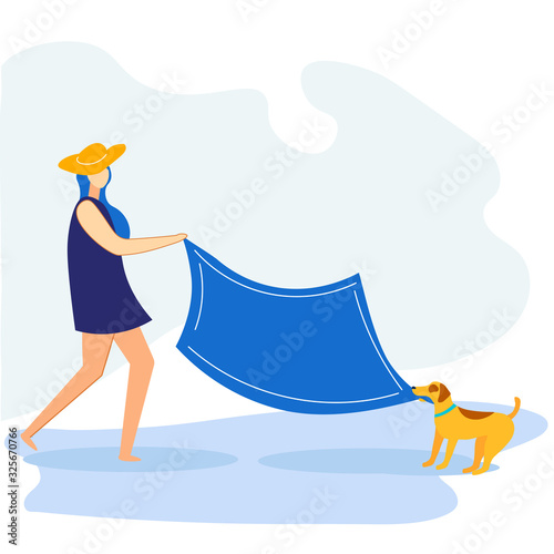 Informational Banner Summer Picnic with Dog Flat. Vector Illustration. Woman Came to Rest on Beach and Spreads Litter. Her Four-legged Friend to Interfere with this. Girl Play with Dog.