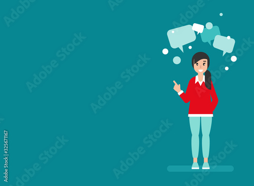 happy girl with big speech bubbles. creative teacher or student helper giving advice.