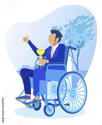 Disabled Young Male Brunet in Blue Business Suit, Sitting in Wheelchair, Holding Champion Cup and Giving Thumbs Up, Triumphing Over His Victory and Top Result, Getting Greetings and Posing