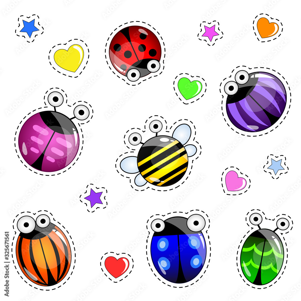 Patch badges with multicoloured funny bugs set. Stickers, pins isolated on white background. Vector illustration in cartoon style