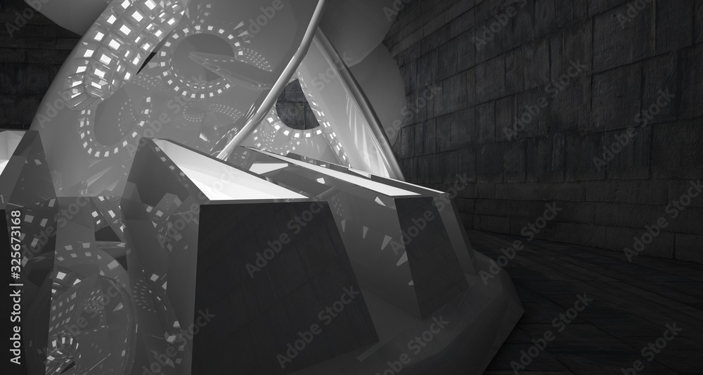Abstract architectural concrete interior with white glossy discs. Neon lighting. 3D illustration and rendering.