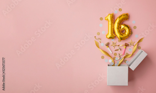 Number 16 birthday balloon celebration gift box lay flat explosion photo