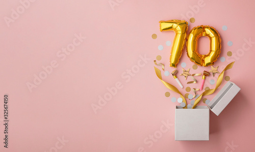 Number 70 birthday balloon celebration gift box lay flat explosion