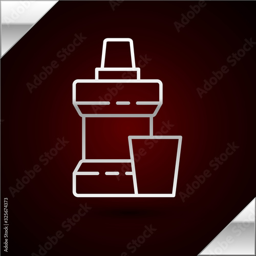 Silver line Mouthwash plastic bottle and glass icon isolated on dark red background. Liquid for rinsing mouth. Oralcare equipment. Vector Illustration