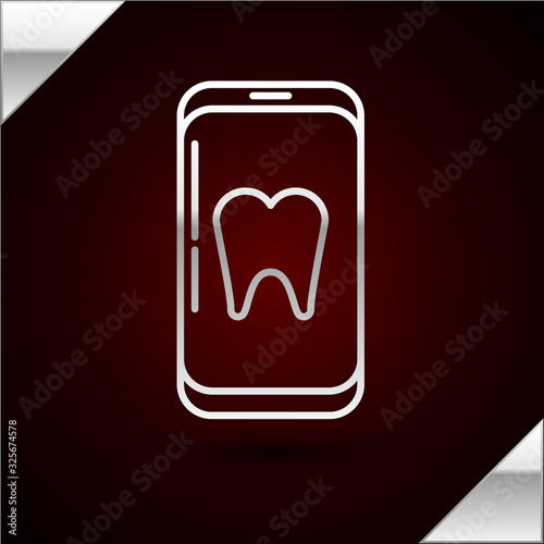 Silver line Online dental care icon isolated on dark red background. Dental service information call center. Vector Illustration