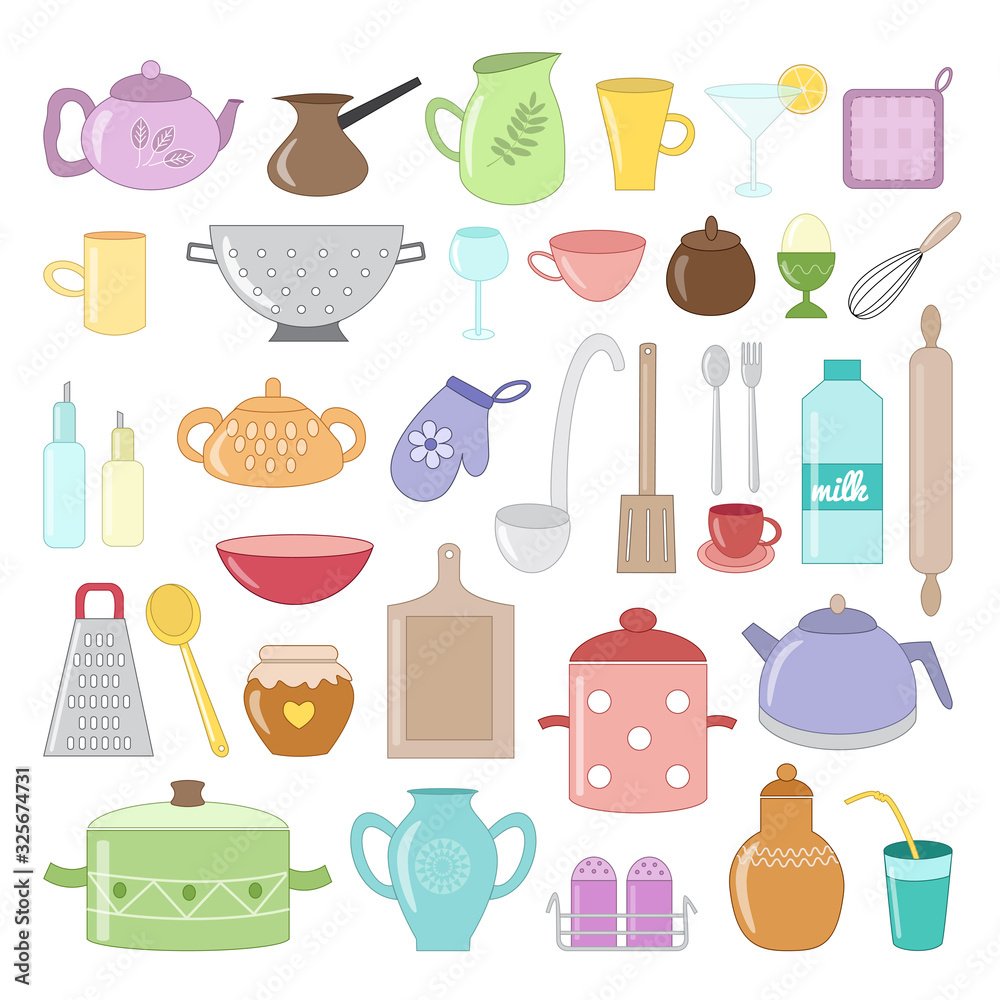 Set of kitchen utensils, tools, tableware. Colored cook equipment. Icons design. Vector illustration in cartoon flat style Stock Vector | Adobe Stock Set of kitchen utensils, tools, tableware. Colored cook equipment. Icons design. Vector illustration in cartoon flat style Stock Vector | Adobe Stock