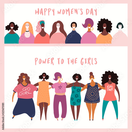 Set of womens day card, banner designs with beautiful diverse women and quotes. Hand drawn vector illustration. Flat style. Concept, element for feminism, girl power. Female cartoon characters.