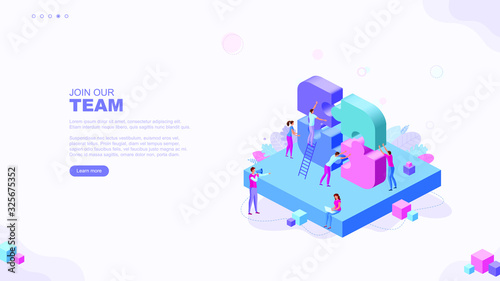 Trendy flat illustration. People make up puzzles. Successful teamwork page concept. Cooperation of people who implement the joint idea. Template for your design works. Vector graphics.