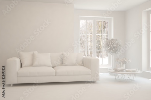 Mock up of stylish room in white color with sofa and winter landscape in window. Scandinavian interior design. 3D illustration