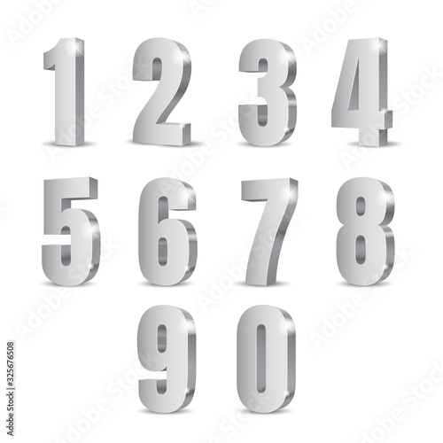 Silver 3d numbers with glossy glitter and highlights in realistic style. A set of numbers from zero to nine. Condensed sans serif font. Qualitative vector illustration.