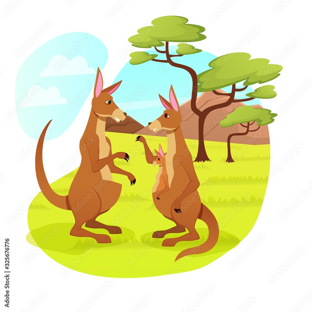 Φωτογραφία Kangaroo Family of Father, Mother and Little Baby Sitting in Mom Bag Walking Together on Nature Landscape Background
