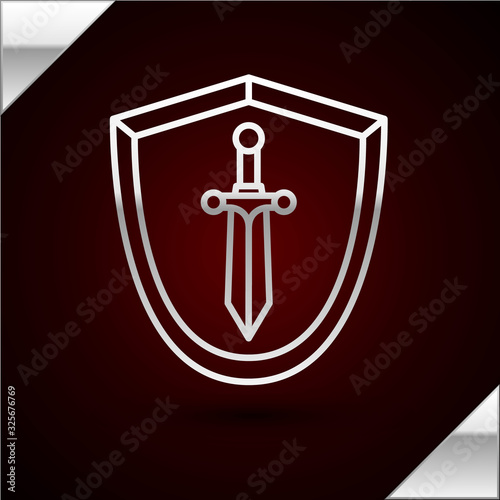 Silver line Medieval shield with sword icon isolated on dark red background. Vector Illustration