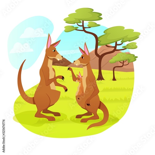 Kangaroo Family of Father, Mother and Little Baby Sitting in Mom Bag Walking Together on Nature Landscape Background. Wild Tropical Animals Wildlife in Safari Zoo Park Cartoon Flat Vector Illustration