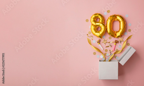 Number 80 birthday balloon celebration gift box lay flat explosion