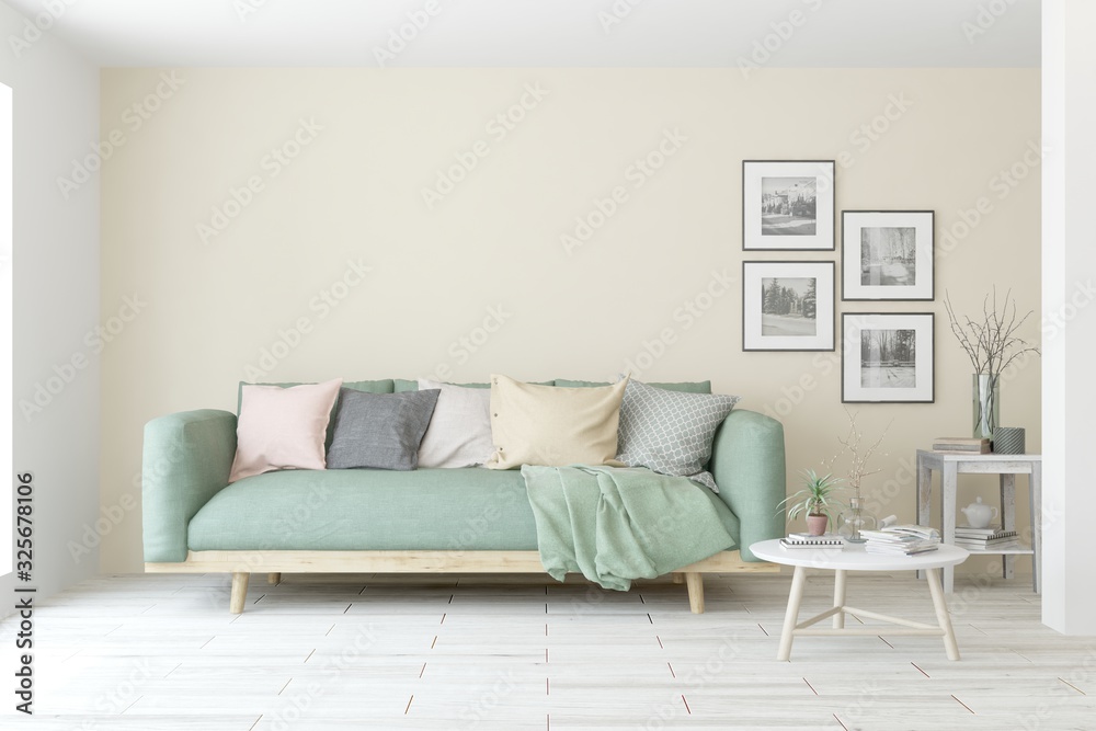 Modern living room in white color with sofa. Scandinavian interior design. 3D illustration Modern living room in white color with sofa. Scandinavian interior design. 3D illustration