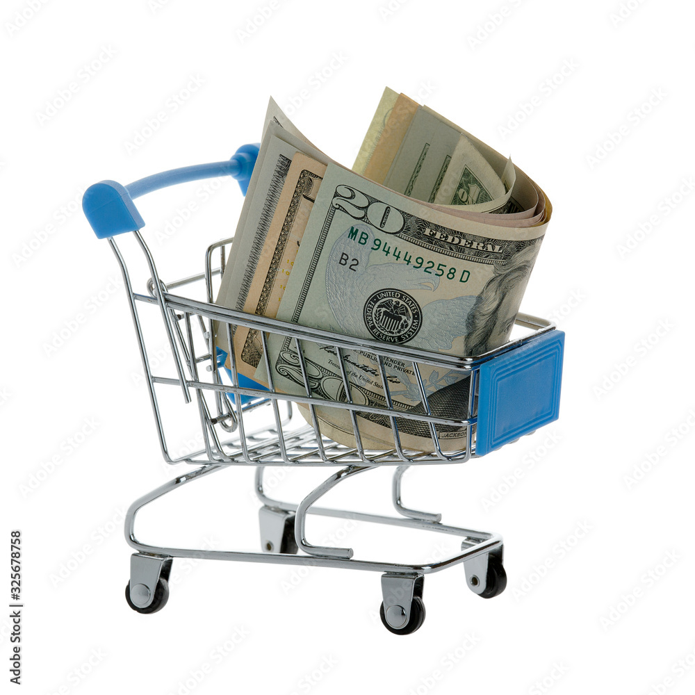 Dollars are in the shopping cart. Selective focus.
