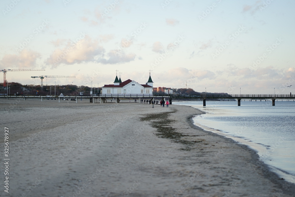 Famous Ahlbeck Sea bridge, pier at baltic sea, Germany at sunset in winter   