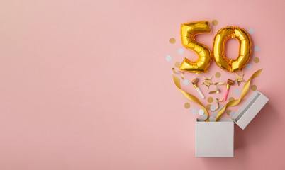 Number 50 birthday balloon celebration gift box lay flat explosion