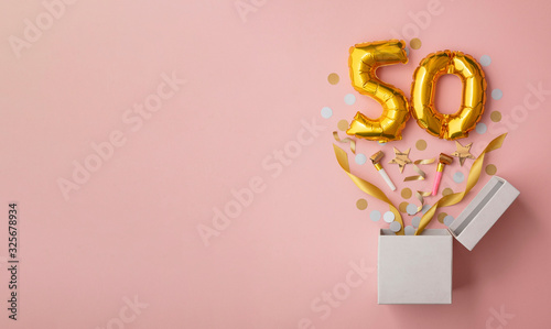 Number 50 birthday balloon celebration gift box lay flat explosion photo