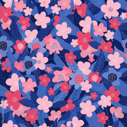 Seamless pattern of colorful pink and blue flowers and leaves. Spring or summer background. Flower meadow. Hand-drawn flat illustration in Scandinavian style. Design textiles, fabric, packaging paper.
