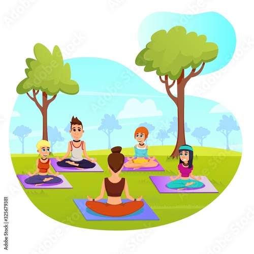 Bright Poster Activity Yoga Invitation Cartoon. Warm-up Complex Helps to Get Used to Yoga on Street. Group Young People Meditate Sitting on Rugs in City Park Flat. Vector Illustration.