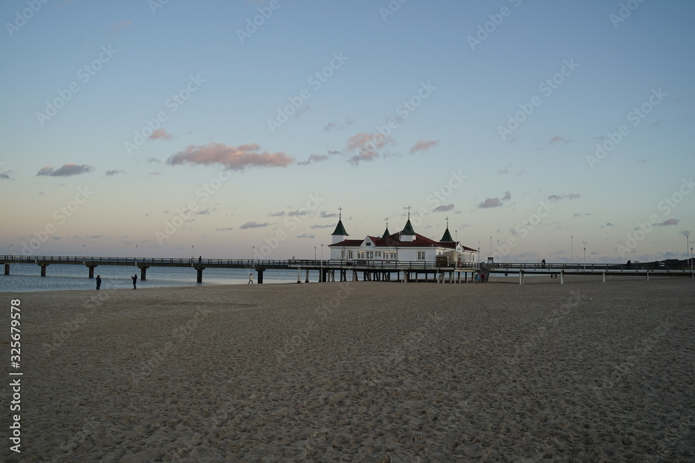 Famous Ahlbeck Sea bridge, pier at baltic sea, Germany at sunset in winter   