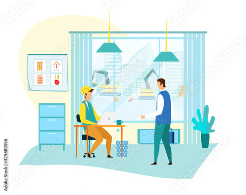 Business Man Holding Briefcase with Documents Communicating with Foreman or Engineer Sitting at Laptop in Building Company Office. Client Negotiation with Architect. Cartoon Flat Vector Illustration