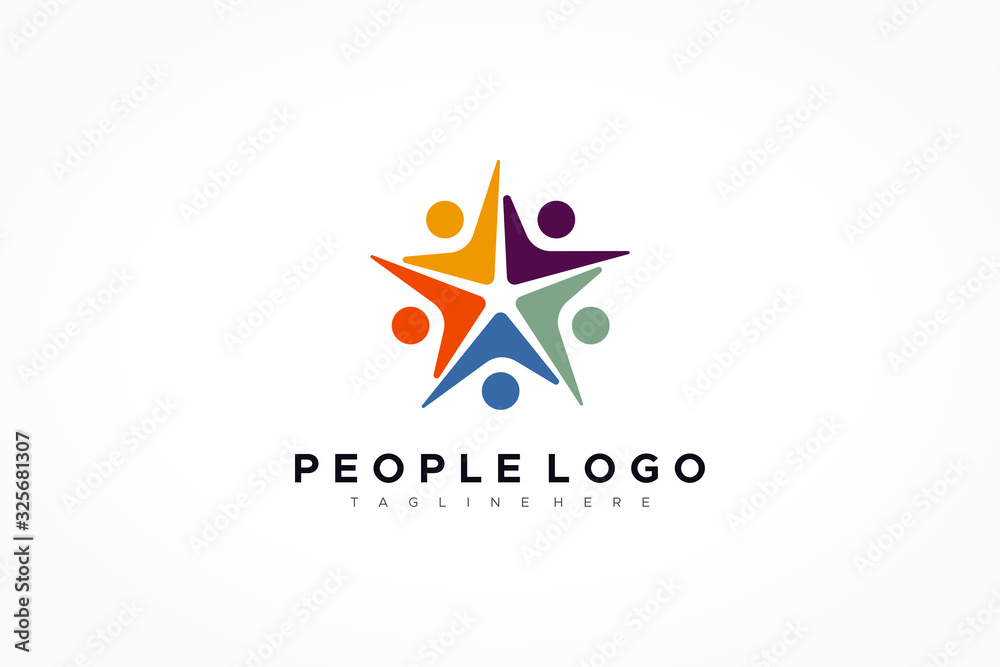 Colorful Five Star Icon Abstract People Logo isolated one white background. Flat Vector Logo Design Template Element.