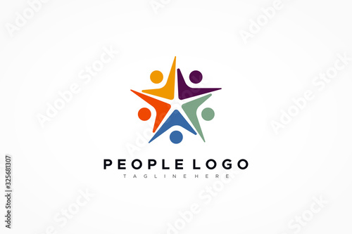 Colorful Five Star Icon Abstract People Logo isolated one white background. Flat Vector Logo Design Template Element.