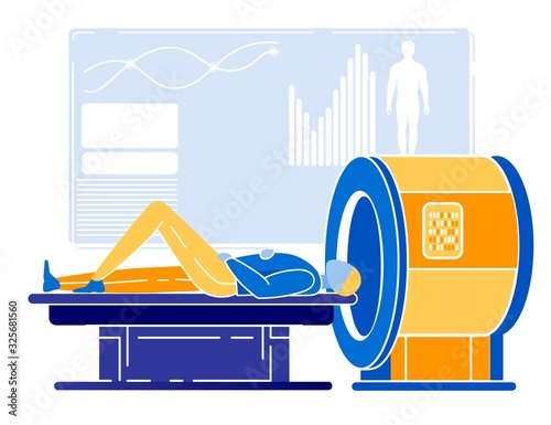 Cartoon Man Patient Character Lying on CT Scanner or MRI Machine Flat Table. Medical Test for Cancer. Medical Equipment at Hospital. Healthcare, Diagnosis and Medicine. Vector Illustration